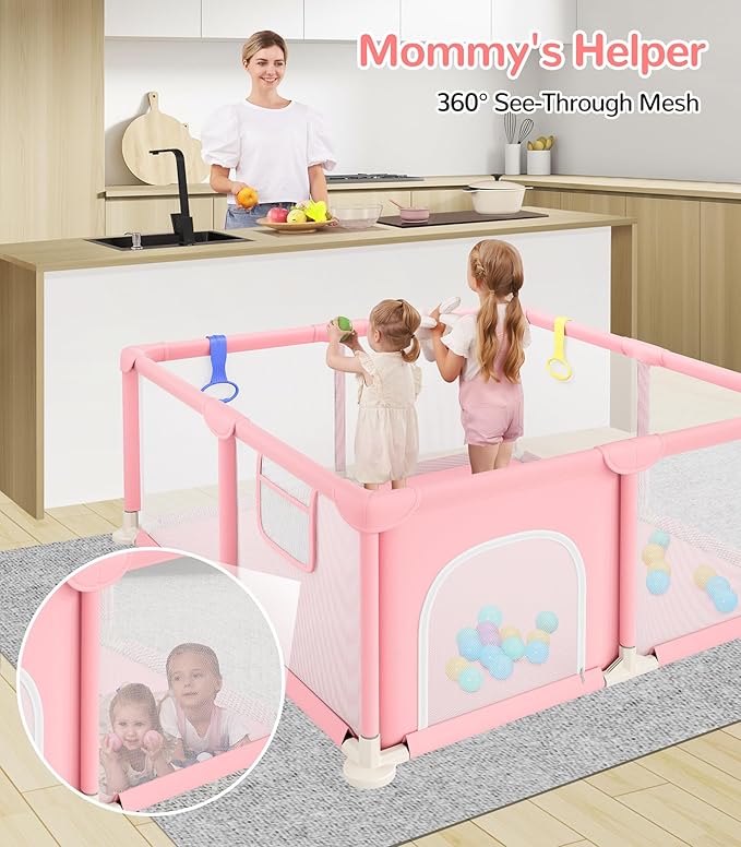 Dripex Baby Playpen, 52×52 Inch Small Playpen for Babies, Enhanced Safety Baby Play Yard for Indoor & Outdoor, Infant Play Pen with Soft Breathable Visible Mesh, Anti-Fall Design & Easy Setup, Pink