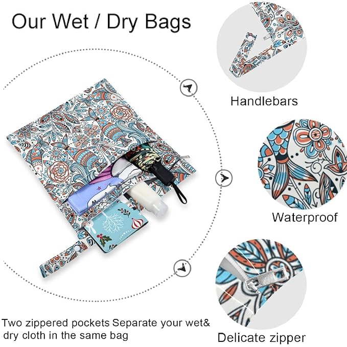 visesunny Vintage Mermaid 2Pcs Wet Bag with 2 Zippered Pockets Snap Handle Washable Reusable Roomy for Travel,Beach,Pool,Daycare,Stroller,Diapers,Dirty Gym Clothes, Wet Swimsuits, Toiletries