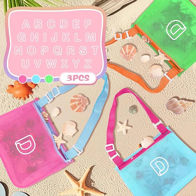 3Pcs Personalized Kids Beach Shell Bag, Initial Seashell Mesh Zipper Beach Pouch, Shell Collecting Bag for Holding Shells with Adjustable Straps, Sand Toys Swim Pouch Gift for Girl Boy Teens(Letter D)