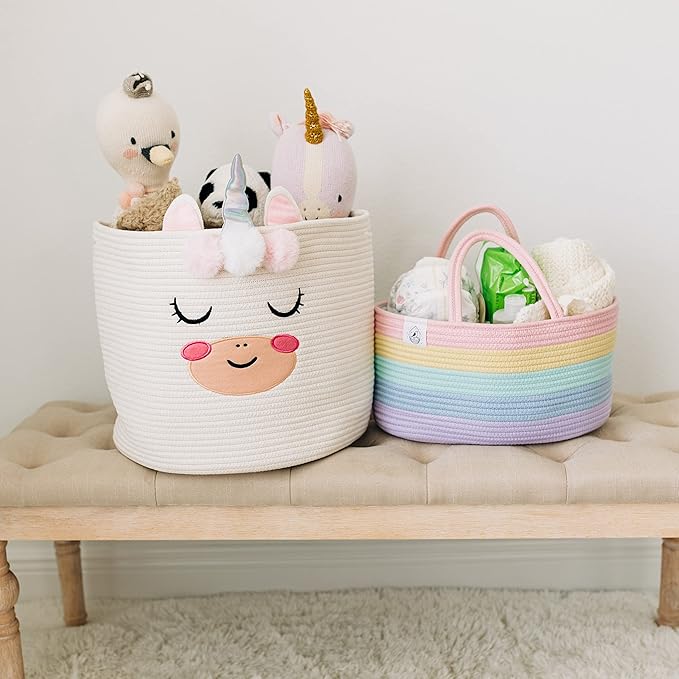 OrganiHaus Pastel Rainbow Nursery Storage Basket, Cotton Rope Toy & Diaper Caddy Organizer with Handles, Baby Diaper Organizer, Foldable Design, Machine Washable, Ideal for Baby Room & Laundry