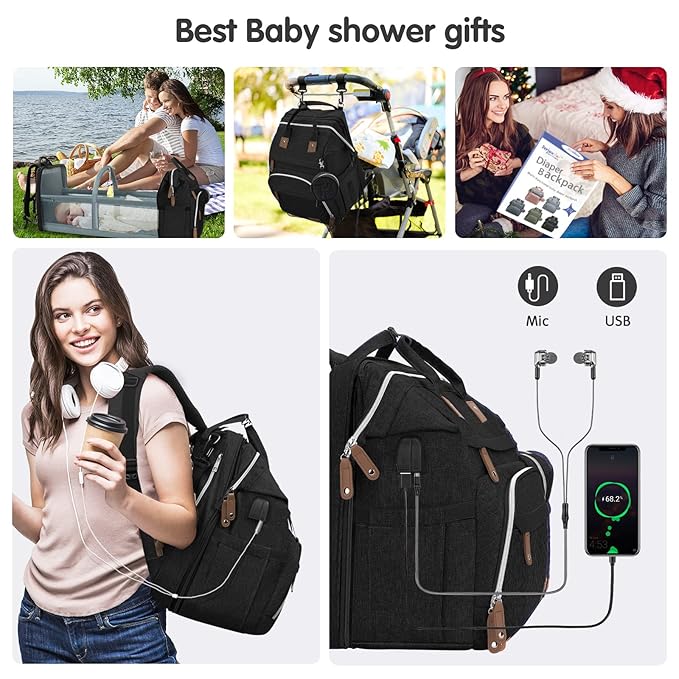 DERJUNSTAR Baby Diaper Bag Backpack with Changing Station, Large Capacity Baby Diaper Bags for Boys Girls, Waterproof Changing Pad, USB Charging Port, Pacifier Case, Sunshade and Toy Bar