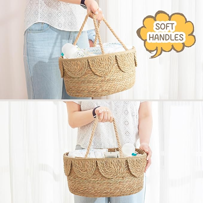 FairyHaus Diaper Caddy Organizer, Portable Natural Wicker Diaper Caddy with Rope Handles and Cotton Divider, Handwoven Seagrass Diaper Caddy Basket with Scalloped Edge for Nursery Picnic