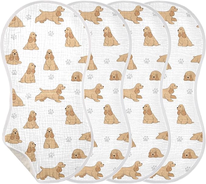 Qinllo 4 Pack Muslin Burp Cloths American Cocker Dog White Cotton Baby Burp Cloths Ultra Absorbent Burping Cloth Soft Spit Up Rags for Newborn Babies Boys Girls 22x11 Inch