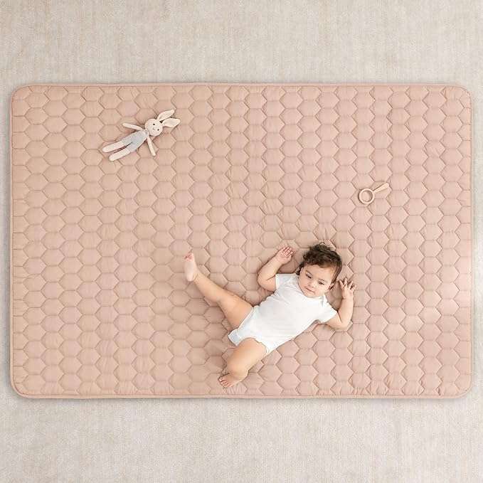 Comfy Cubs Rectangle Kids Play Mat - Medium 48 x 72 inches Soft Quilted Baby Floor Mat with Non-Slip Bottom - Plush Design for Toddlers Playtime - Comfortable and Durable - Blush