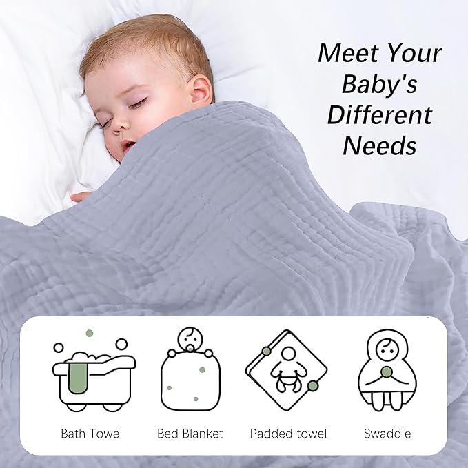 SWEET DOLPHIN Muslin Baby Bath Towels Blanket - 2 Pack 100% Cotton Towel for Babies, Infants, Toddlers - 40x40Inch - Highly Absorbent, Grey