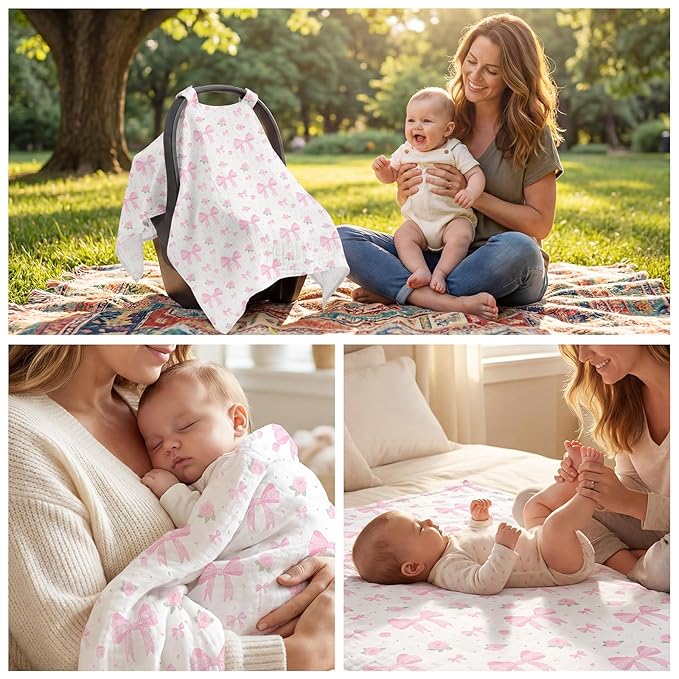 Baby Car Seat Cover - 100% Muslin Cotton Universal Breathable Canopies for Boys and Girls Soft Spring Summer Car Seat Cover Lightweight Infant Car Seat Canopy - Pink Bows