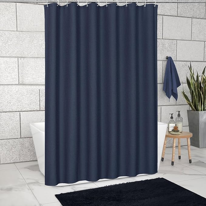 MitoVilla Extra Long Waffle Shower Curtain 72 x 84, Blue Farmhouse Fabric 84 inch Shower Curtain, Navy Blue Modern XL Shower Curtains for Bathroom Decor, Weighted Shower Curtain Set with Hooks