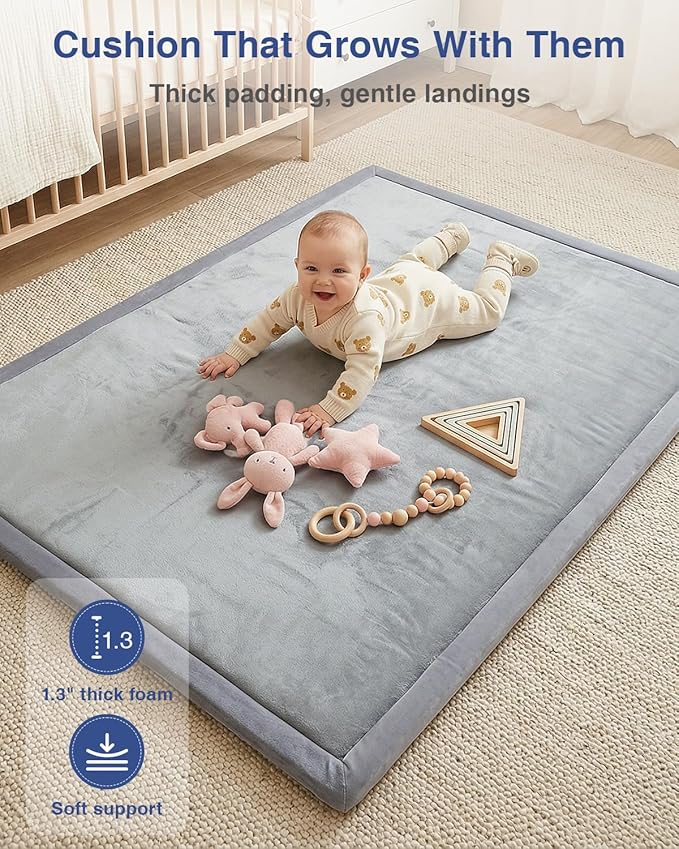 Baby Play Mat for Floor,1.3" Thick Extra Large Nursery Rug,Tummy Time Foam Mats,Plush Soft Padded Playmate for Babies 6-12 Months Crawling,71x59 Inches Non-Slip for Toddler Kids Playroom,Playpen(Grey)