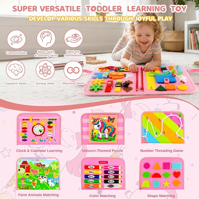 Toddler Busy Board Montessori Toys, Busy Book Educational Learning Toys for Toddler Girls, Activity Book Sensory Toy with Life Skills, Kids Travel Toy for Airplane Car Toddlers Christmas Birthday Gift
