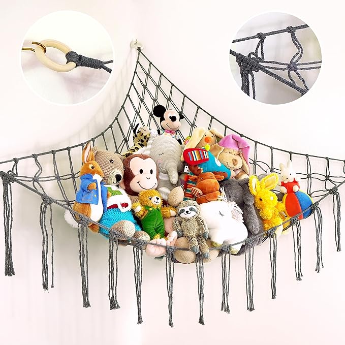 ABBY BABY Large Stuffed Animal Hammock Corner - Stuffed Animal Storage - 100% Natural Cotton Macrame Stuffed Animal Net - Stuff Animal Organizer - Net for Stuffed Animals Corner Large-Gray