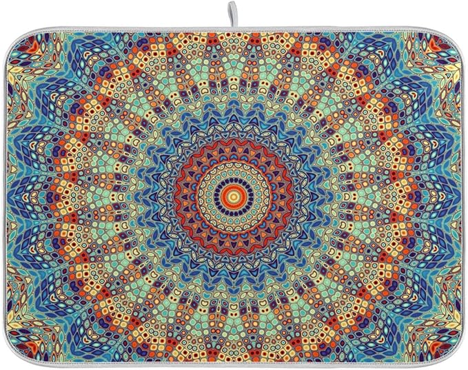 Bohemian Mandala Dish Drying Mat for Kitchen Counter Boho Ethnic Drying Mat 16 x 18 Inch with High Absorbent Reversible Microfiber Dish Drying Pad Dish Rack Pad Drainer Mat for Coffee Bar