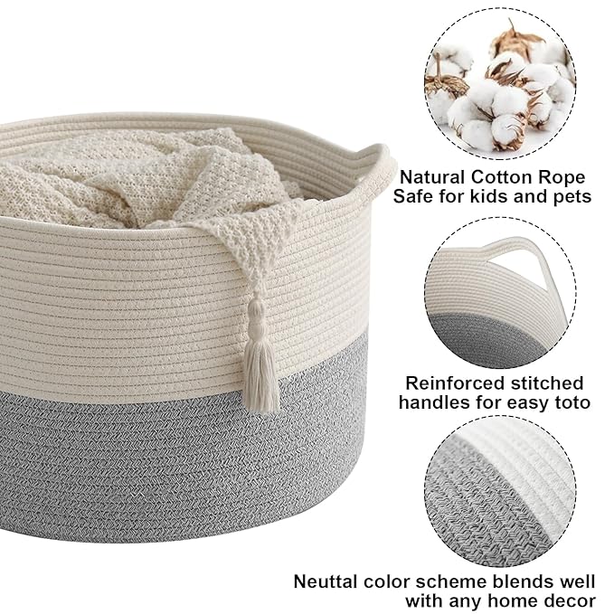 90L Large Blanket Basket,21.7"L x 21.7"W x 13.8"H Rope Woven Baskets with Handles, Toys Storage Bins,Laundry Basket Perfect for Living Room, Nursery,Bedroom,Home Organization,White&Grey