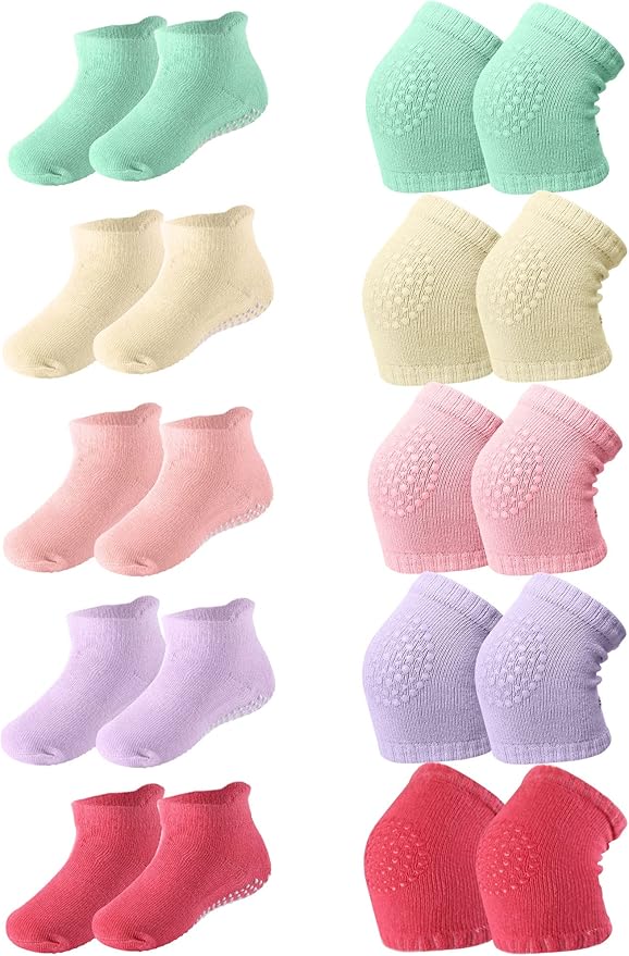 10 Pairs Baby Crawling Anti Slip Knee Pads and Anti Slip Baby Socks Set Unisex Toddler Knee Protectors Non Slip Ankle Socks