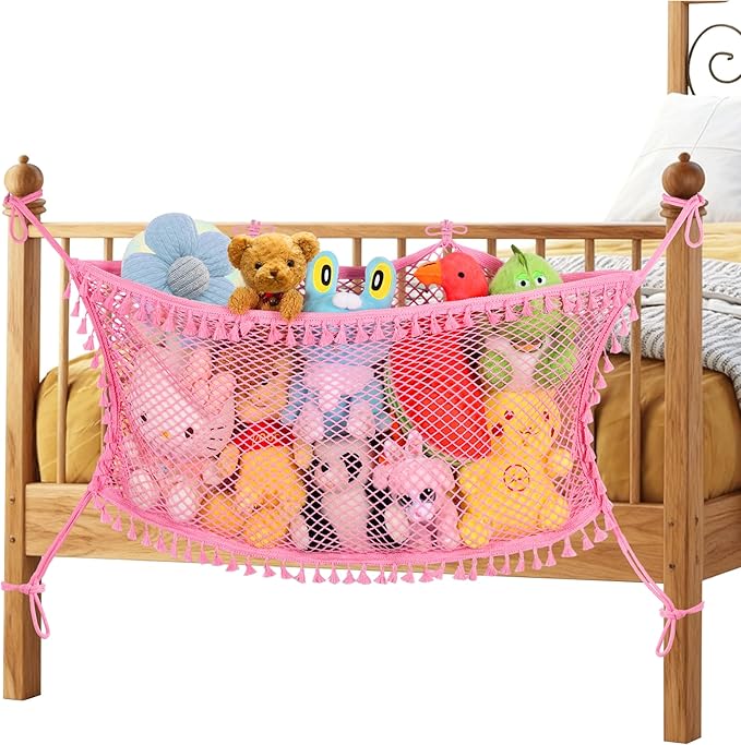 Stuffed Animal Storage Net, Large Bedside Toy Organizer Net, Cotton Plushie Toy Storage Hammock with Tether for Stuffed Animals Playroom Organization