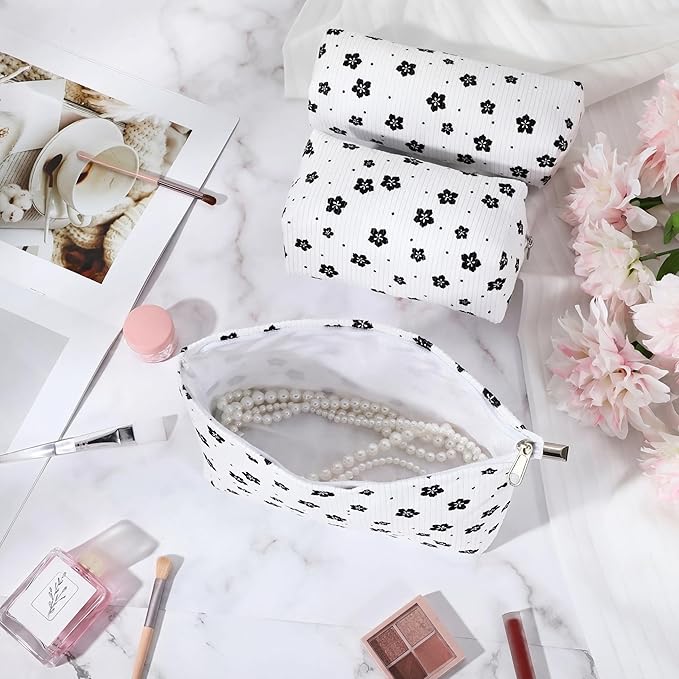 3 Pcs Makeup Bag Set for Women Corduroy Cosmetic Pouch Aesthetic Smile Travel Toiletry Bag Cute Purse Pouch Pencil Case Makeup Brushes Storage Organizer with Zipper(White,Floret)