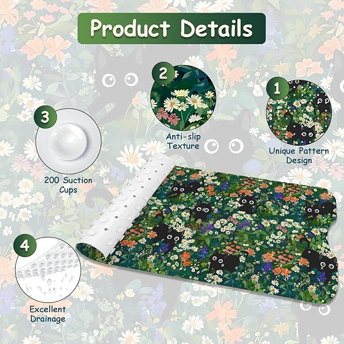 Non Slip Bathtub Mat,Cat Bath Mat for Tub, Extra Long Bathtub Mat Shower Mat with Suction Cups and Drain Holes for Elderly Kids Toddler Baby 40 X 16 Inch