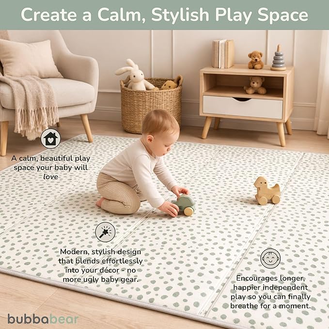 Bubba Bear Baby Play Mat, Thick Foam with Pattern Design, Foldable Waterproof Padded Crawling Mat for Babies (Green Spots, 79 x 59 Inches)