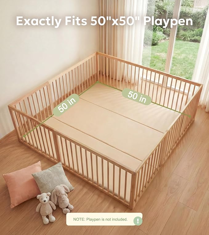 Mallify Foldable Baby Play Mat, 50''x50'' Waterproof Thicken Foam Vegan Leather Playpen Mat for Infants and Toddlers, Portable Baby Mat for Floor, Beige