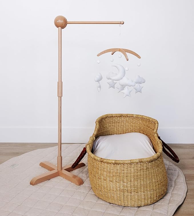 Baby Crib Mobile Arm Wooden Holder Floor Stand - Floor Stand, 360° Adjustable Height - Universal Baby Mobile Hanger, fits Any Crib (100% Natural Beechwood) - Nursery Decor & Gift Accessories