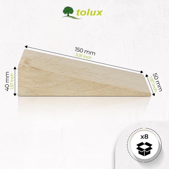 Tolux Wooden Wedges, Hardwood Wedge, Beech Wood Wedge, Wooden Doorstop, Handy Tool in Carpentry, Construction and Various DIY Projects, Size 150x50x40 mm / 5.9x1.97x1.57 in, Pack of 8 pcs