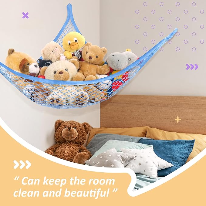 Lazebox Stuffed Animal Net Hammock for Plushie Toys, Stuffed Animal Hammock Corner for Kids' Room Decor, Ideas for Organizing Stuffy Collection, Blue, L (67" x 40" x 40")-Pack of 1