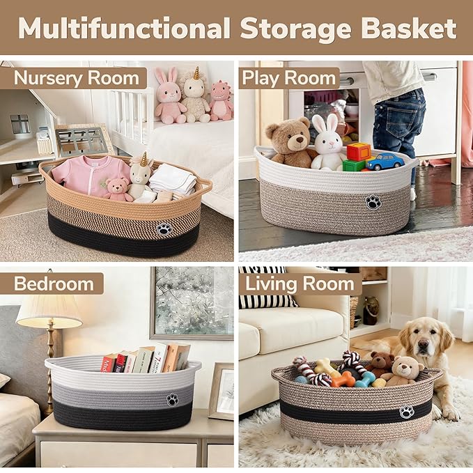 Large Dog Toy Basket, 19.7" X 11" X 7.9" Woven Rope Basket with Handles, Cat Dog Toy Storage Box for Living Room, Gift Baskets for Baby Shower, Black-Brown