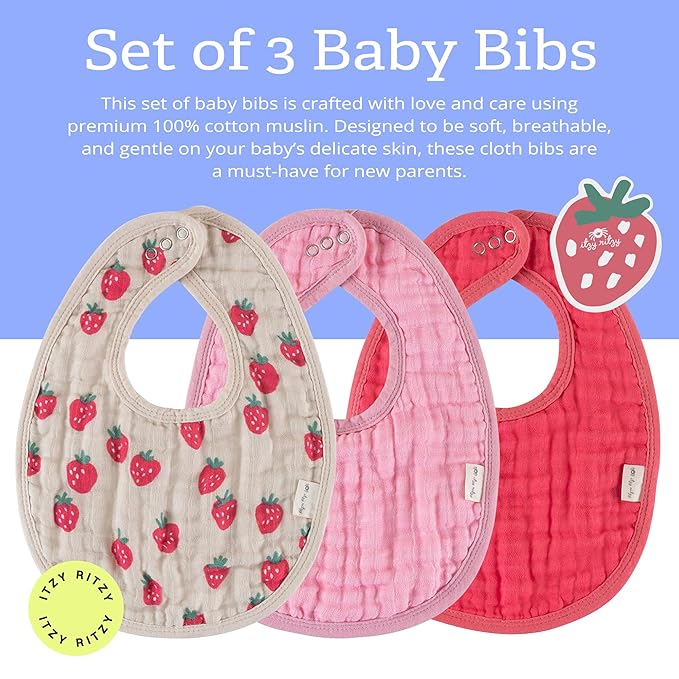 Itzy Ritzy Set of 3 Baby Bibs - Ultra-Soft Adjustable Infant & Toddler Bibs Made of Triple-Layer Cotton Muslin, Ideal for Drooling, Teething, & Eating - 3 Stylish, Coordinating Prints (Strawberry)