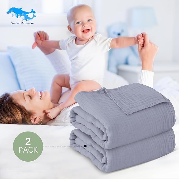 SWEET DOLPHIN Muslin Baby Bath Towels Blanket - 2 Pack 100% Cotton Towel for Babies, Infants, Toddlers - 40x40Inch - Highly Absorbent, Grey