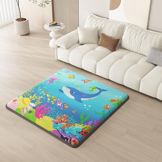 1.3" Thick Baby Play Mat for Floor, Elasti-Foam 50x50 Playpen Mat, Water Repellent Ultra Soft Coral Velvet Tummy Time Crawling Mats for Kid Toddlers Infants, Non-Slip Backing Safe for Crawling Ocean