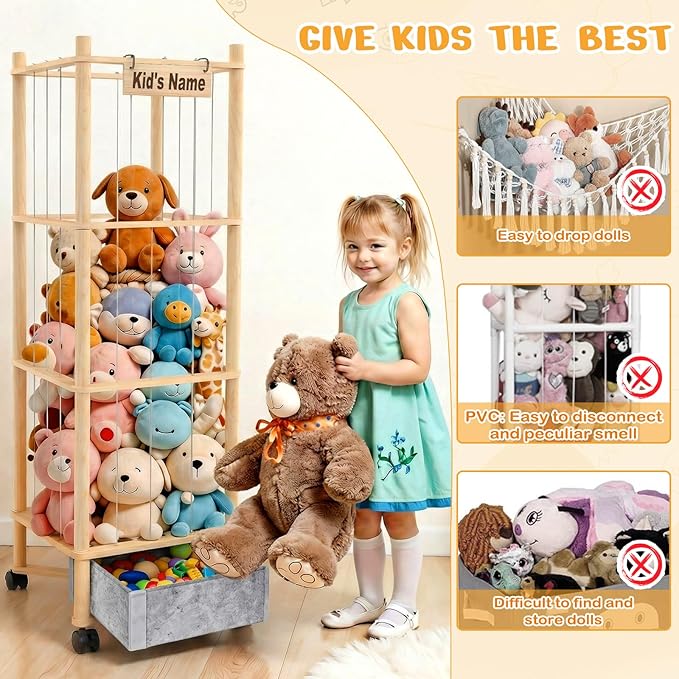 Stuffed Animal Storage with Toys Tray, 57In Large Wooden Stuffy Plushies Storage Holder Extra Large Capacity Stuffed Animals Zoo Organizer for Toddler Rooms, Playrooms & Bedrooms (Toys Tray & Wheels)
