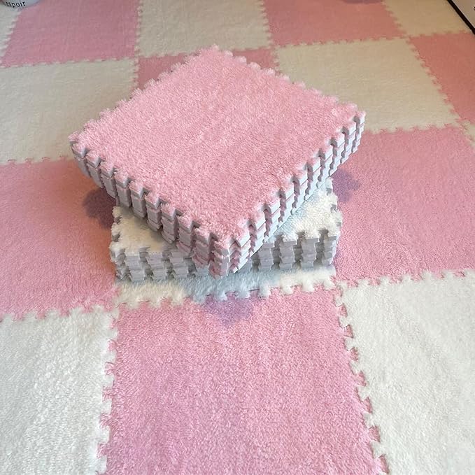 12pcs Plush Puzzle Foam Floor Mat, Cute Soft Fluffy Interlocking Square Foam Tiles Area Rugs Carpet for Parlor Bedroom Decoration(11.8x11.8x0.4in, Pink&White)