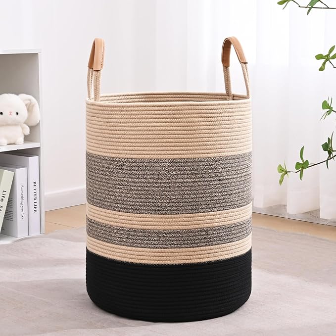 Degeyoyo 75L Striped Laundry Basket, Brown & Black Laundry Hamper with Leather Handles, Woven Cotton Rope Storage Bin for Blankets, Nursery Hamper for Clothes, Toys In Bathroom, Livingroom, Bedroom