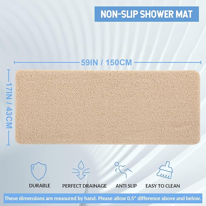 Hargiis Non-Slip Bathtub Mat, Anti Slip Shower Mat, Fast Drying Bathtub Mats, Foot Scrubber Mat, Anti Slip Mat for Tub, Floor, Bathroom, Kitchen, Home, Hotel (Beige 59"×17.3")