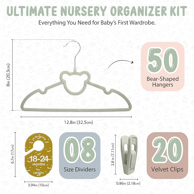Velvet Baby Hangers with Clips – Organize Baby Clothes by Age with Size Dividers – Save Closet Space for Newborn to Toddler Outfits – Perfect Nursery Must-Have (Moonstone)