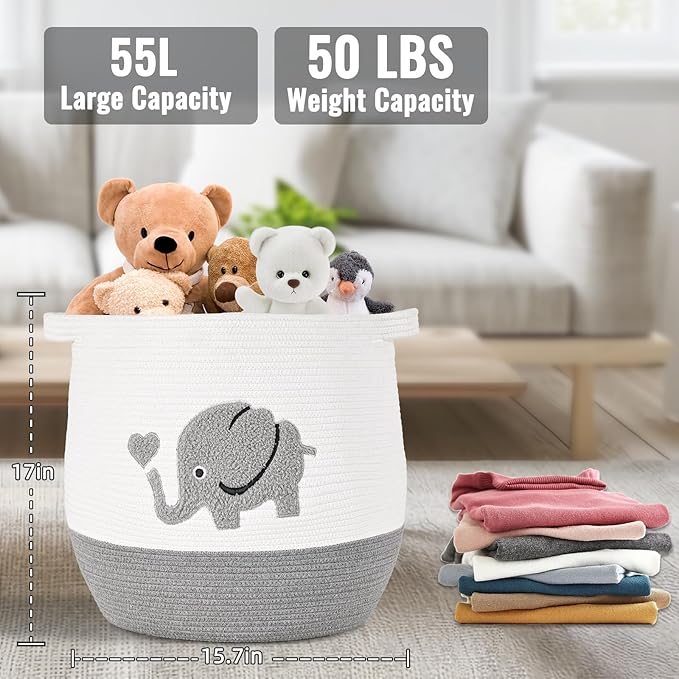 Large Baby Laundry Basket, Gray Laundry Hamper for Baby, Toy and Blanket Storage Basket, Cotton Rope Baskets for Organizing 17"x15.7"