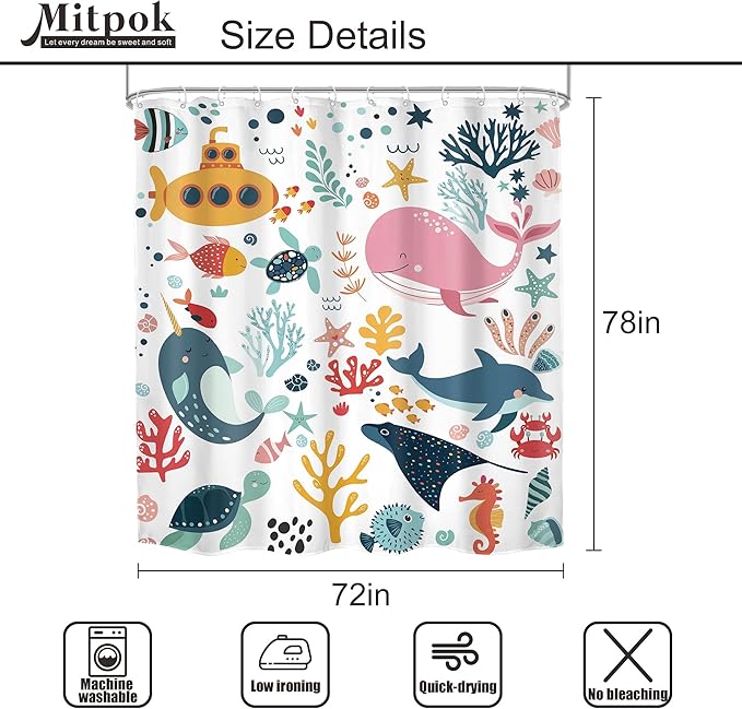 Kids Shower Curtain 72Wx78H Extra Long Kid Ocean Cartoon Whale Funny Underwater Sea Life Beach Nursery Boy Girl Bathroom Decor Coastal Submarine Fish Bath Curtain Fabric Polyester