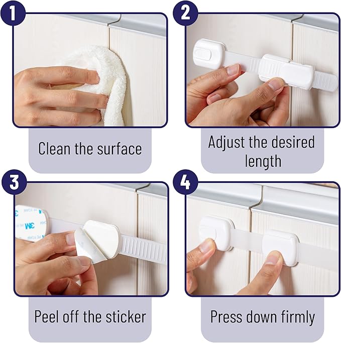 Bates- Child Safety Strap Locks, 16 Pack, White, Baby Cabinet Locks with Adjustable Strap Length