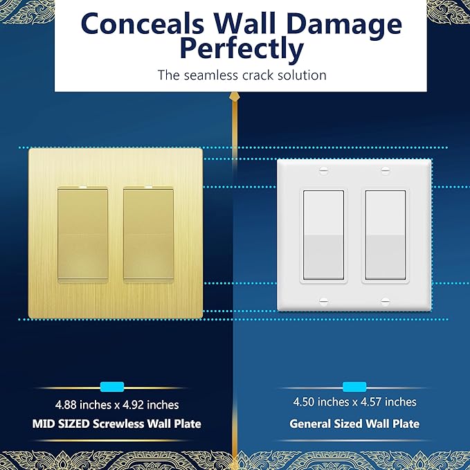 LIDER Matte Finish Decorator Switch Cover, Screwless Wall Plate, Mid-Size 2-Gang 4.88" x 4.92", Unbreakable Polycarbonate Thermoplastic, UL Listed, LSWP-32M-GD, Gold