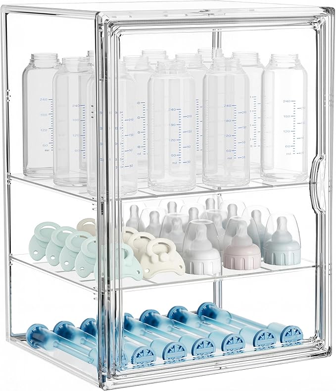 HBlife Baby Bottle Storage Organizer for Countertop Cabinet, 3 Tiers Adjustable Clear Acrylic Bottles Storage Station Case Box Container with 2 Removable Dividers and Magnetic Door, X-Large