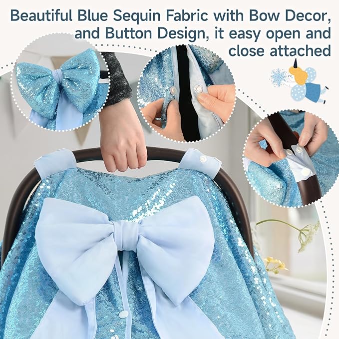 Baby Carseat Canopy Cover with Bow for Girls Boys with Bow Stroller and Cart Cover Carseat Nursing Cover Newborn Gift (Blue)