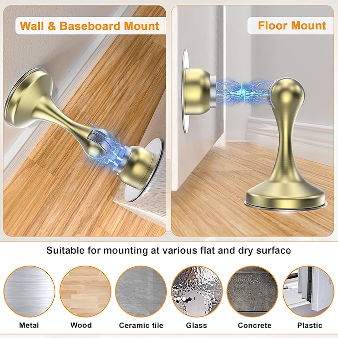 Crosize Magnetic Door Stoppers 1 Pack, Stainless Steel Door Stops for Wall and Floor Mounting, Gate Stops, No Drilling Metal Doorstops with Adhesive Tapes, Gold