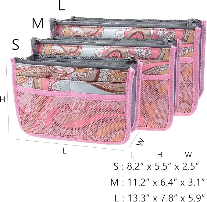 Vercord Purse Organizer Insert for Handbags Bag Organizers Inside Tote Pocketbook Women Nurse Nylon 13 Pockets Pink Flowers Large