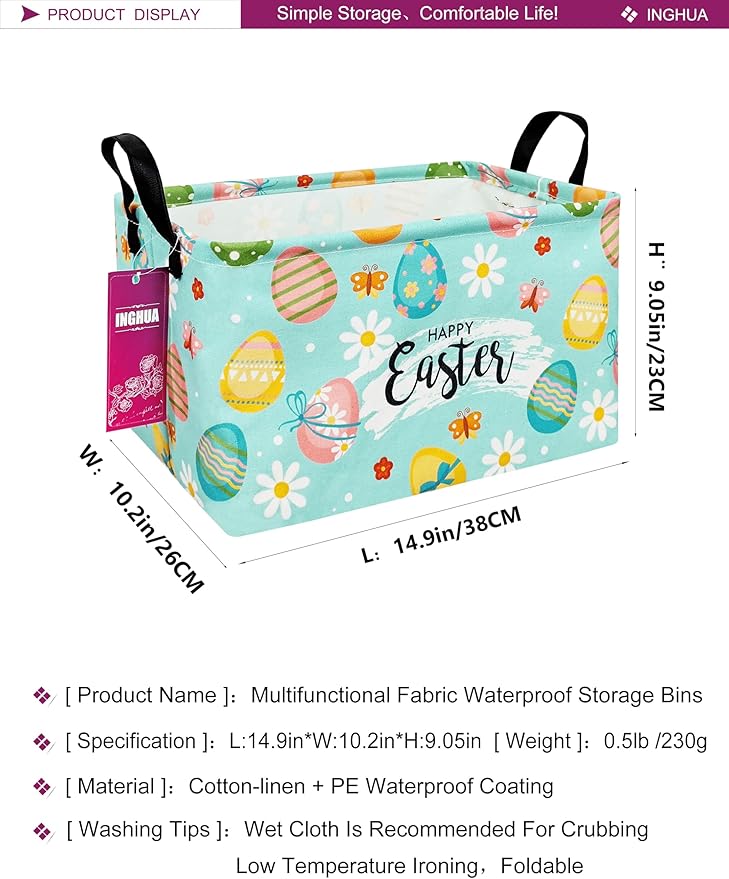 INGHUA Rectangular Storage Basket Fabric Organizer Bin for Toys,Books,Clothes,Gifts,Pets-Perfect for Home,Office,Nursery,Dorm,Shelf(Rec-Easter eggs)