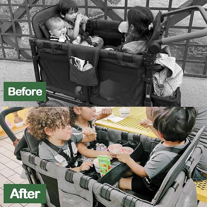 Double Sided Stroller Snacks Tray for Wonderfold Wagon W Series Waterproof Kids Toy Placement Faux Leather Sides for Eating and 4 Kid’s Cup Holder (W4 Series)