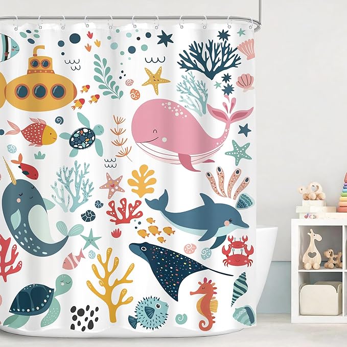 Kids Shower Curtain Ocean Summer Cute Cartoon Whale Funny Kid Bathroom Decor for Nursery Boys Girls Underwater Coastal Submarine Fish Animal 60Wx72H Bath Curtain Fabric Polyester 12 Pack Hooks