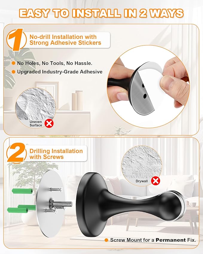 Crosize Magnetic Door Stoppers 6 Pack, Stainless Steel Door Stops for Wall and Floor Mounting, Door Holder Keep Door Open, No Drilling Door Stop with 3D Adhesive Tapes, Black