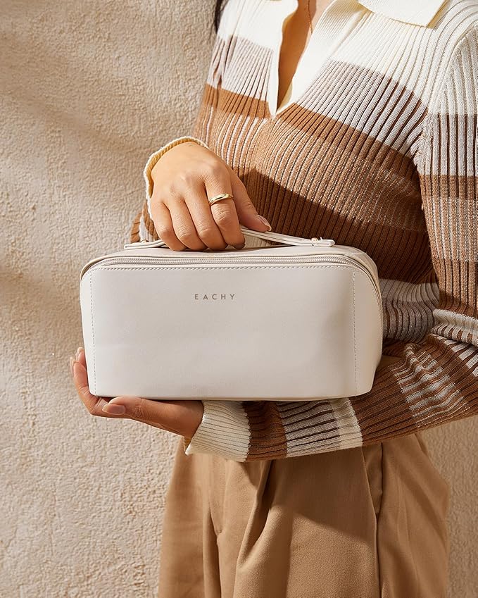 EACHY Travel Makeup Bag, Large Capacity Cosmetic Bag for Women, Waterproof PU Leather, Flat Open Portable Toiletry Bag for Skincare, Brushes & Travel Essentials