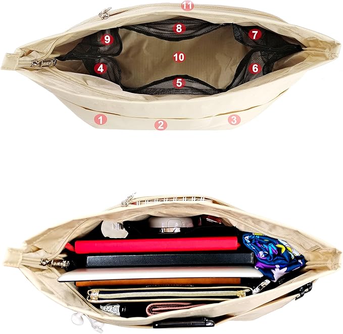 Time Wing Handbag Tote Purse Organizer Insert Bag Liner Shaper Divider Zipper 11 Pockets Compartments Medium Beige