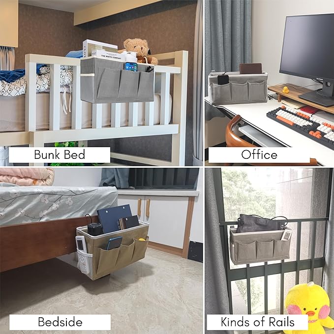 Kanrichu 2Pcs Beside Caddy Storage Organizer, Hanging Bag Holder with Pockets for Bedroom, Loft Bed Tent, Bed Curtain, Top Bunk bed Shelf Accessories Bedside Caddy 3-pocket (White-2pcs)