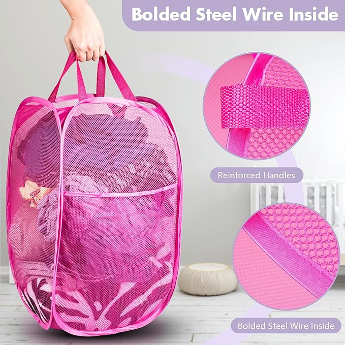 DUCOO Pop Up Laundry Hamper, 70L Collapsible Mesh Laundry Basket with Side Pocket, Foldable Dirty Clothes Hamper with Sturdy Reinforced Handles for Home Dorm Bedroom Travel Storage, Pink, 2Pack